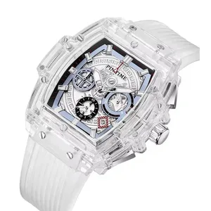 Luxury Pintime Watches Men Wrist Luminous Sports Chronograph Square Skeleton Transparent Watch for Boys