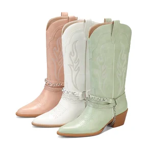OEM Custom Knee High Embroidered Cowboy Boots for Women Western Cowgirl Design Removable Chain Height Increasing Autumn Winter