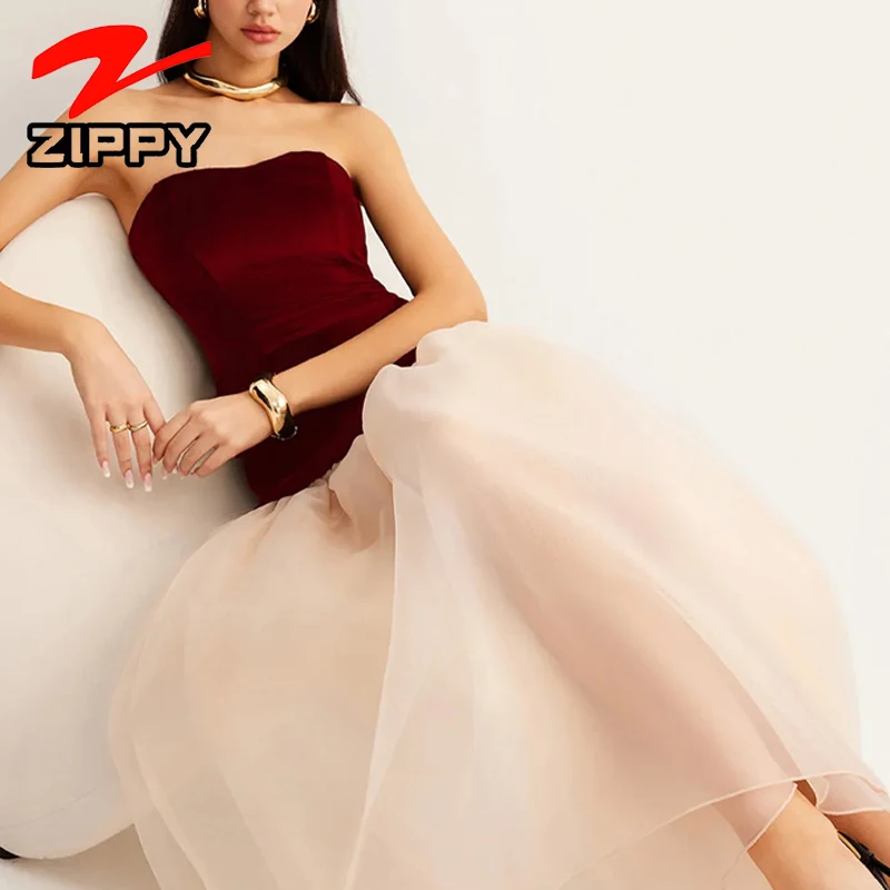 Customization European French-style Strapless Patchwork Silk Skirt Sexy Light Evening Gown Unique Mature Elegant Dress