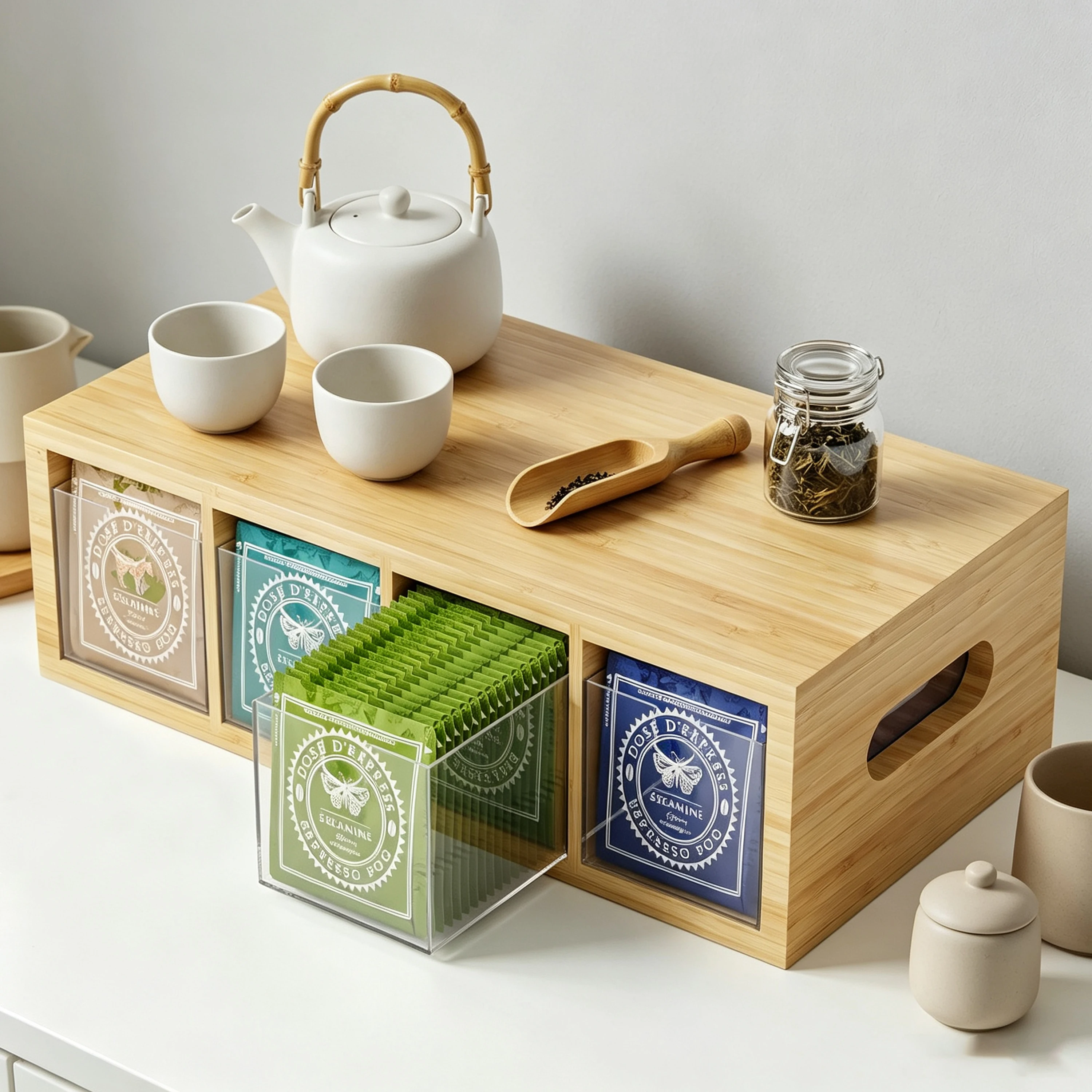 Bamboo Tea Bag Organizer with Drawers Countertop Storage Box Caddy Kitchen Coffee Accessory Rack Household Coffee Pod