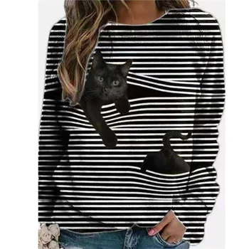 Women fashion trending Patchwork Striped 3D Cat Print Round Neck Long Sleeve loose pullover Tops Basic top Tee shirt blouse