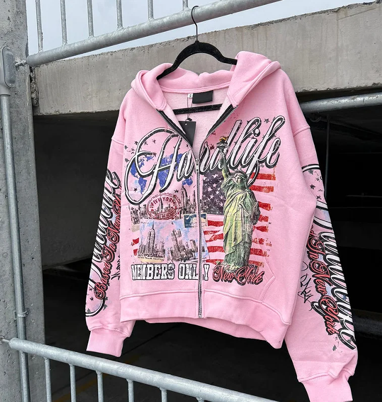 Custom Full Print Graphic 100%Cotton Fleece Eco-Friendly Streetwear Acid Washed Oversize Baggy Zip Hooded Cropped Hoodie for Men gallery 2
