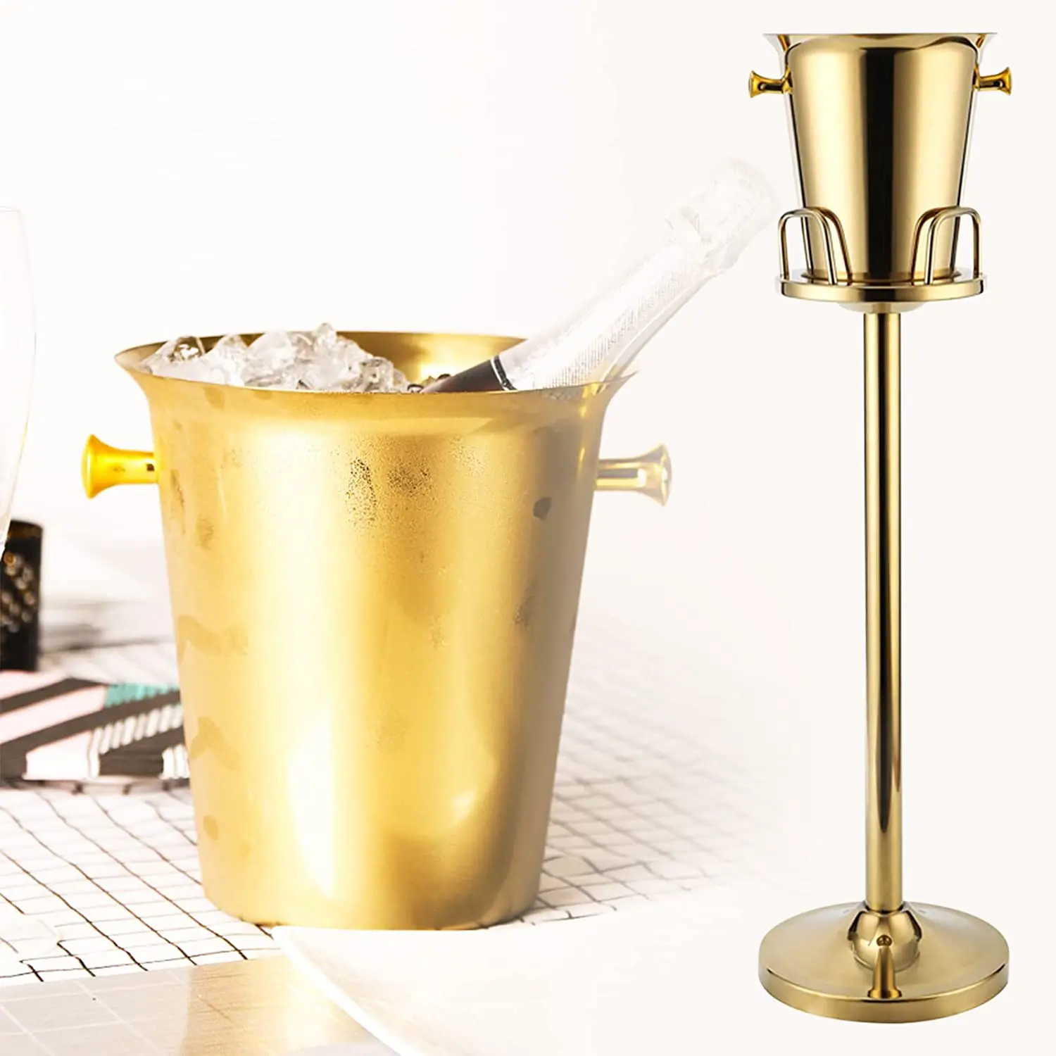 Ice Bucket with Stand Stainless Steel Standing Hammered Gold Ice Bucket with Carrying Handle for