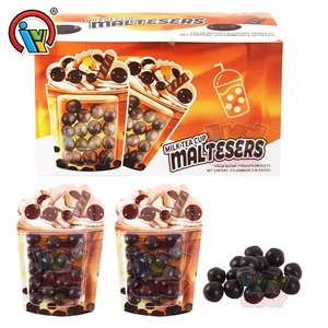 OEM Candy Supplier Milktea Cup Blister Chocolate Coated Crispy Cereal Puffed Ball Candy Sweets