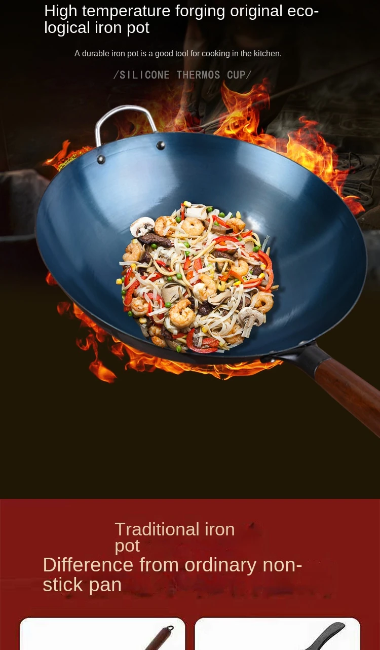 High Quality Pre Seasoned Carbon Steel Handle Hammered Chinese Wok Pan With Round Bottom