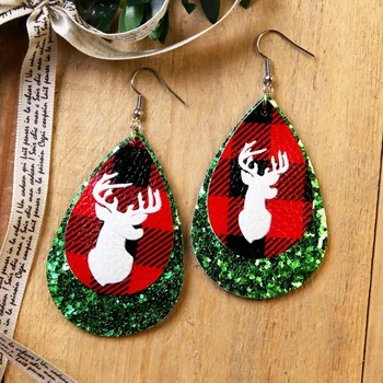 Christmas Elk Waterdrop Shape Christmas Tree PU Leather and Sequin Earring Christmas Gifts Festive Earrings