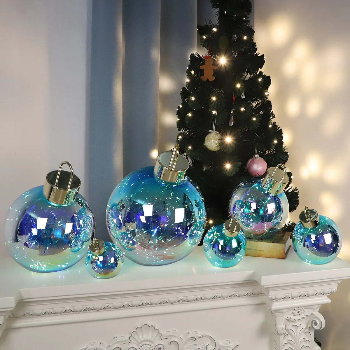 High-class large light up 200 250 300 mm blue colored glass christmas ball ornament big xmas balls wholesale