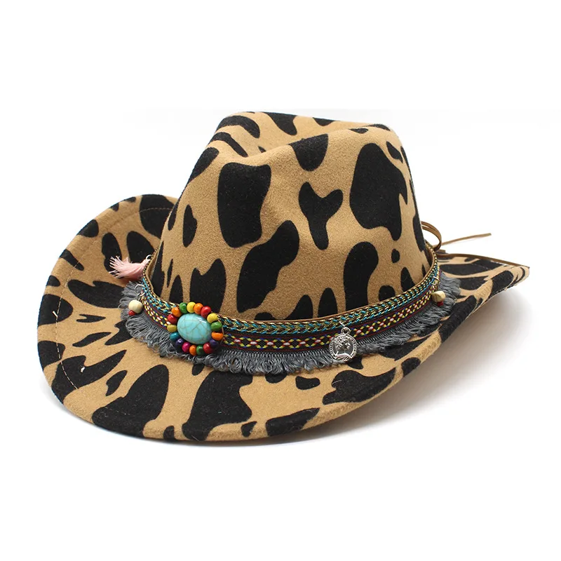 2024 Wholesale Cow Print Turquoise Fringe Brim Cowgirl Hats Women Party  Party Fedora Cowboy Hats