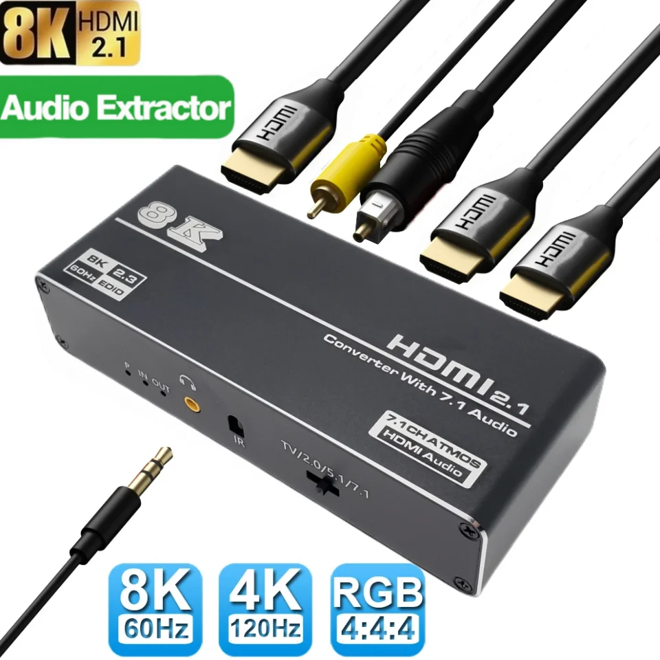 8K 60hz HDMI 2.1 Audio Extractor - 7.1CH, 5.1CH, 2CH Stereo