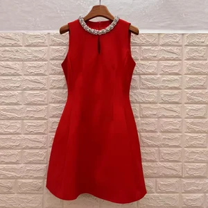 AELESEEN Runway Fashion Mini Dress Women Summer Sleeveless Embellished With a Sparking Rhinestone Beading Red Pink Black Beige