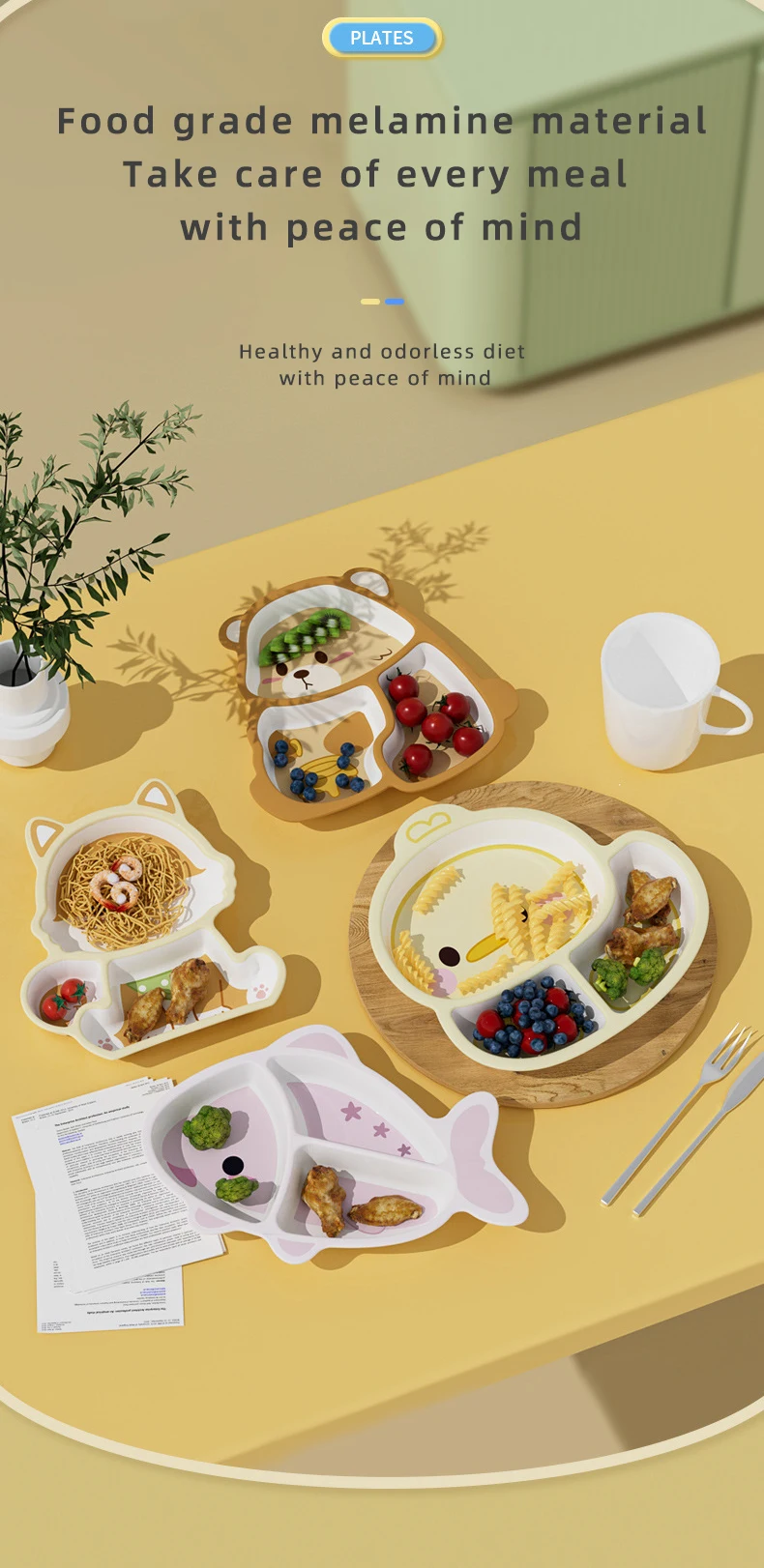 Melamine Cartoon-Design Dinner Plate for baby products Kids Divided Compartments Safe Toddler Feeding Tableware Kindergarten
