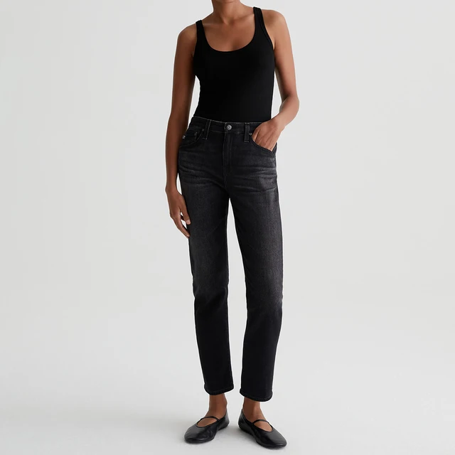 Women's Black Hypersoft Denim 9oz Jeans Slouchy Slim-Fit Vintage Fade Stretch Straight Style Breathable Tassel Rivet Decoration