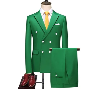 Factory Customized Men's Green Double-breasted Two-piece Slim-fit Business Suits Zipper Closure Beaded Detail Solid Plus Size