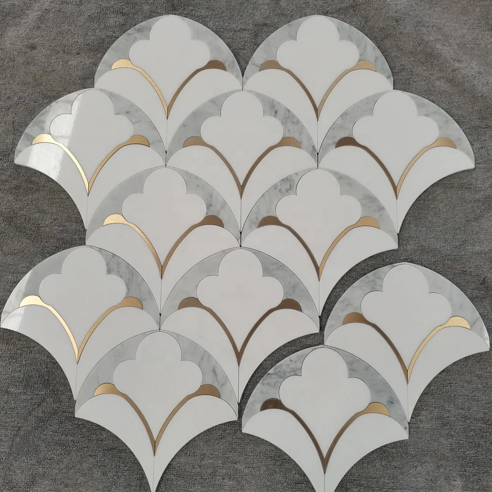 Centurymosaic Waterjet Marble Mosaic Tile Marble Floor and Wall Stone Mixed Brass Waterjet Mosaic Tiles Design Thailand Factory