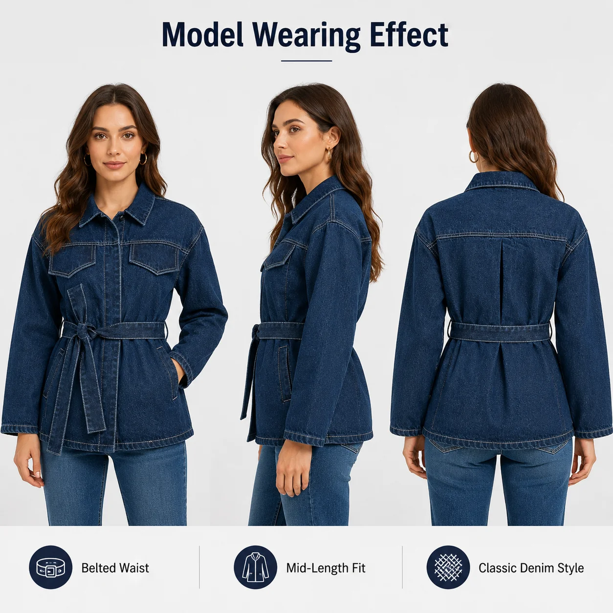Decorative Topstitching Belted Flap Long-sleeved Collared Loose-fitting Anti-Wrinkle Casual Denim Shirt Jacket Suit