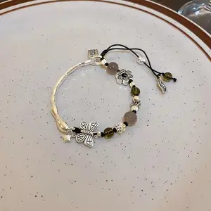 Vintage Style Silver Tone Bracelet with Butterfly Flower Charms Colored Beads Adjustable Boho Bracelet Women's Fashion Jewelry