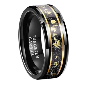 Coolstyle Jewelry Wholesale Black Tungsten Ring for Men Women Gold Foil Inlay Wedding Band Beveled Edges Polished Shiny
