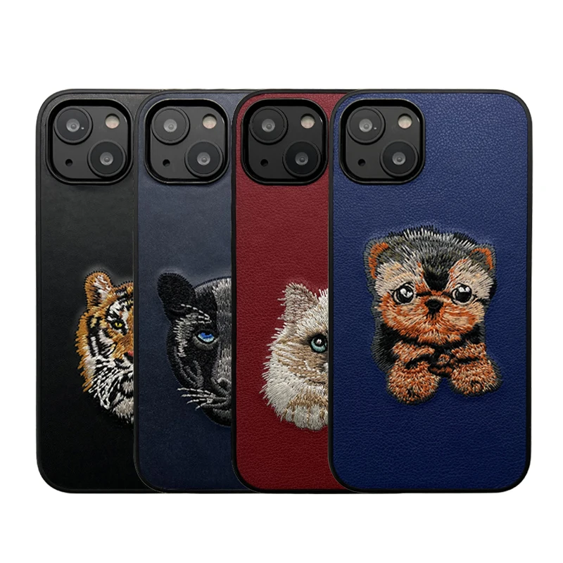 Custom Pattern logo High Quality Animal Embroidery Soft Slim Pu Pure Leather Mobile Phone Cases for iPhone 14 15 Pro Max