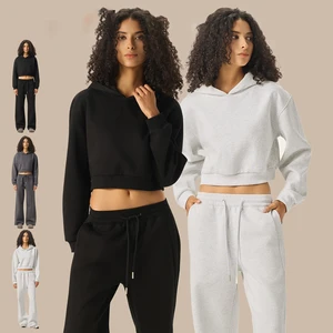 Custom Logo Joggers 3 Piece Crop Top Pants Set Cotton Workout Womens 3 Piece Sets