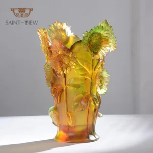 Pate De Verre Colored Crystal Glass Sunflower  Flower Vase Wedding Decoration Centerpieces