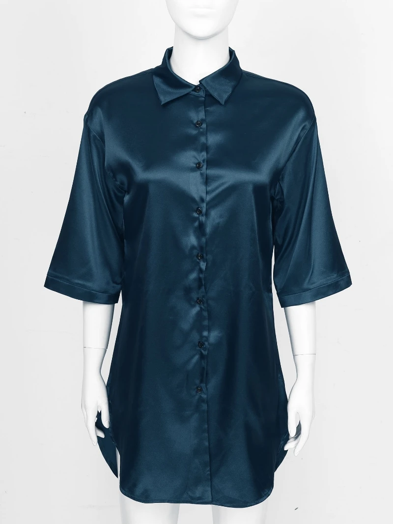 Women Satin Nightshirt Button Down Collar Nightgown Solid Color Sleep ...