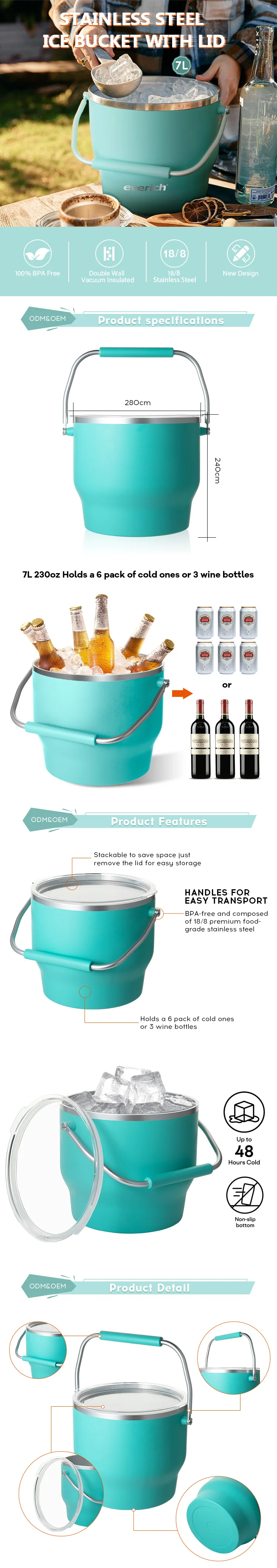 Double Wall Large Capacity Vacuum Insulated Stainless Steel Ice Bucket