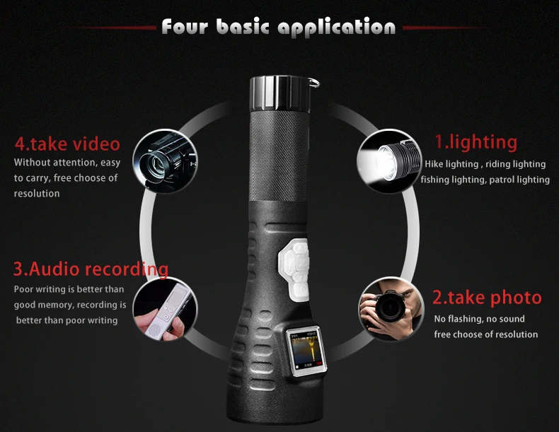 High Power DVR Rechargeable LED Flashlight Water Resistant With Secret Camera