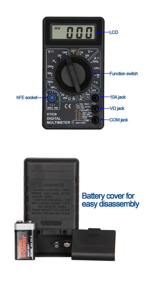 Digital Multimeter DT838 Removable Battery Lid with Temperature Test