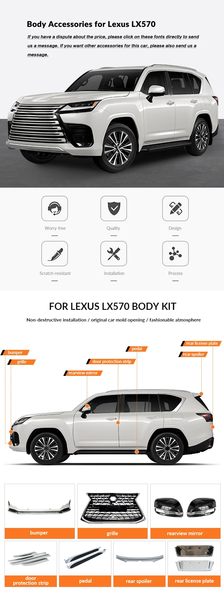 TDCMY Easy Installation Car Body Kits pp Abs  Chrome Rear Bumper Front Grille Car Body Sets for Lexus LX570 2017 details