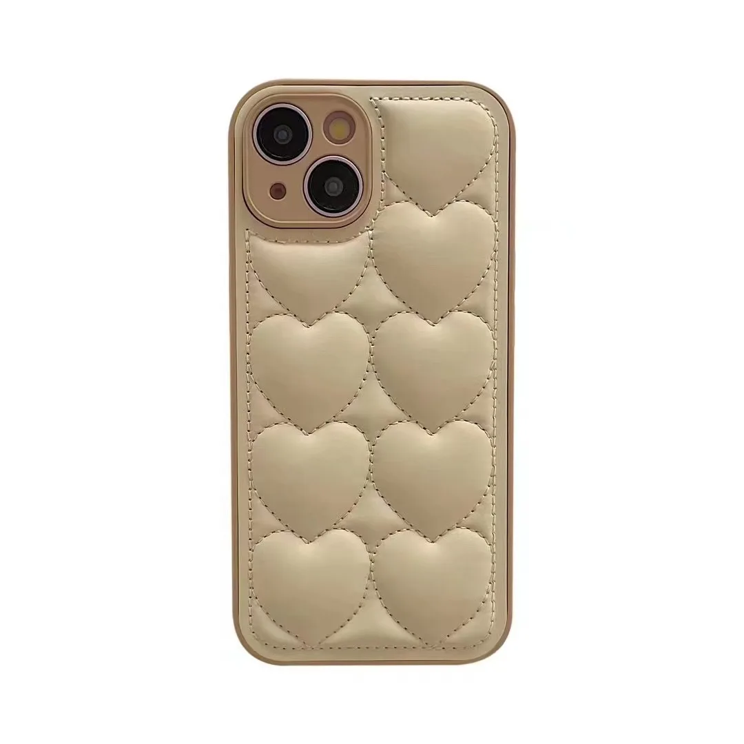 Heart-shaped Down Jacket Case with Leather Mobile Phone Case For iPhone 11 12 13 14 15 16 Pro Max Plus Style Ins