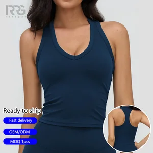 Roregal New V Neck Racerback Sports Tank Top Fitness Running Beauty Back Sports Yoga Vest With Chest Pad