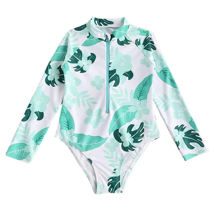 Zip Up One Piece Floral Long Sleeve Beach Wear Little Child Bodysuit Bikini Girl Children Swimwear Bikini Swimsuit