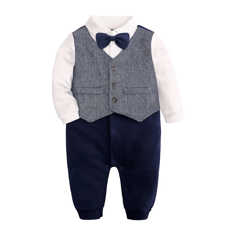 Infant Baby Formal Baby Boy Gentleman Bow Tie Outfit Tuxedo Onesie Long  Sleeve Jumpsuit Newborn Kids Clothing Suit Wholesale
