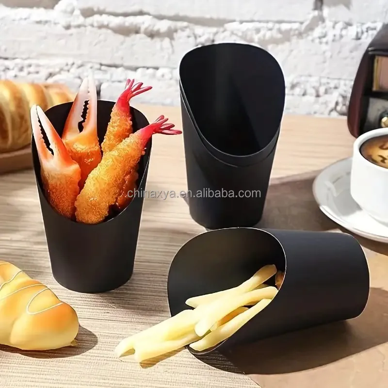 Disposable Black Color Food Cones Paper Popcorn Boxes French Fry Holder Take-out Party French Fry Cups manufacture