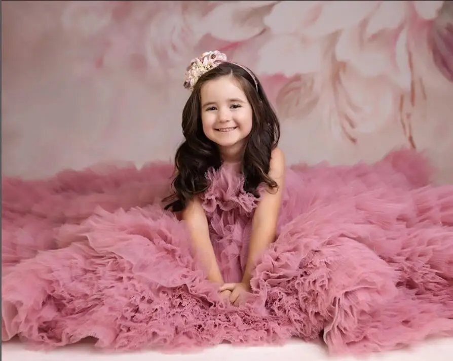 Сине-синее Плиссированное Тюлевое платье Hi Low, свадебное платье для девочек с цветами, детское платье для дня рождения, бальное платье принцессы