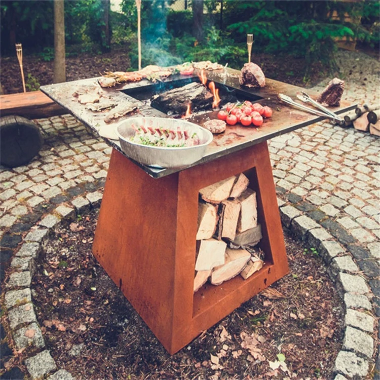 Corten Steel Bbq Set/outdoor Charcoal Bbq Grill Metal Barbecue Fire Pit With Grill Table Wood