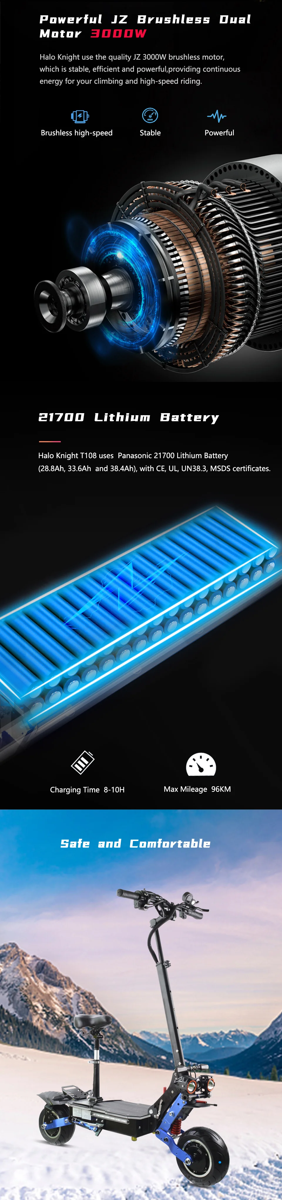 Halo Knight T108 Blue 60v 6000w Electric Scooter Dual Motor 96km Long