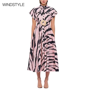 Leopard Print Short-Sleeved Single-Breasted Belt Waist Knee-Length Daily Dress for Summer Breathable Woven OEM Service Available