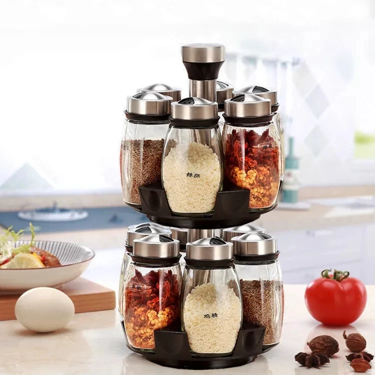 Rotating Glass Spices Seasoning Pot Rack Pcs Set Revolving Spice Bottle  Jars Rack Spices Container Kitchen