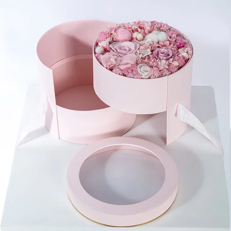 Double Layer Rotating Round Flower Box  Arrangement Gift Love Rose Boxes With Clear Window