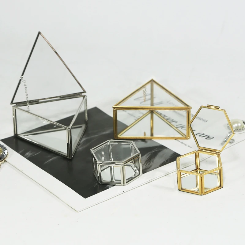 HOT Cheap Geometric Decorative Makeup Organizer Metal Brass Mini Glass Hexagon Jewelry Trinket Box for Gift