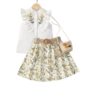 2022 Summer Wholesale Kids Clothing Girls Outfits Floral Embroidered Sleeveless Single Breasted Shirt Skirt 2PCS Children Suit