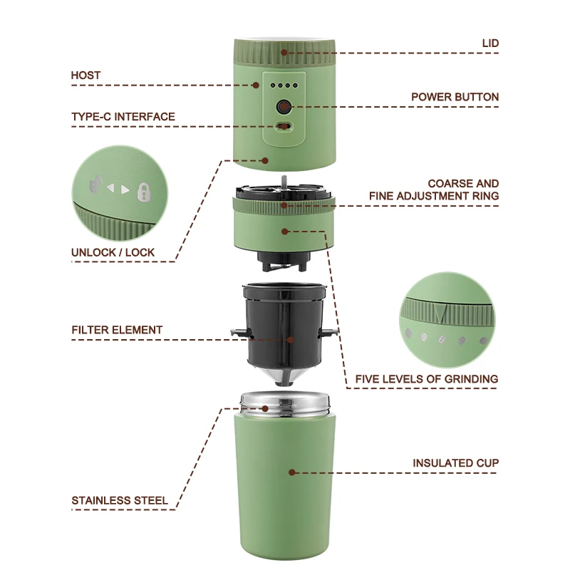 USB Rechargeable 3 in 1 Custom logo Color Functional Portable Coffee Brewers Usb Electric Coffee Maker with Grinder
