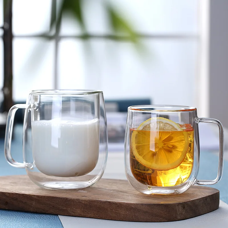 Hot Sale 250ML 350ML Big Mug Elegant Design Thermal Insulated Double Wall  Glass Espresso Coffee Mug With Handle Glass Bamboo Lid