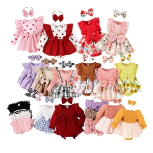 Wholesale Baby Clothes 0-3 Months Baby Item One Pieces Playsuits Jumpsuit Bodysuits Gift Set 2PCS Plain Baby Rompers