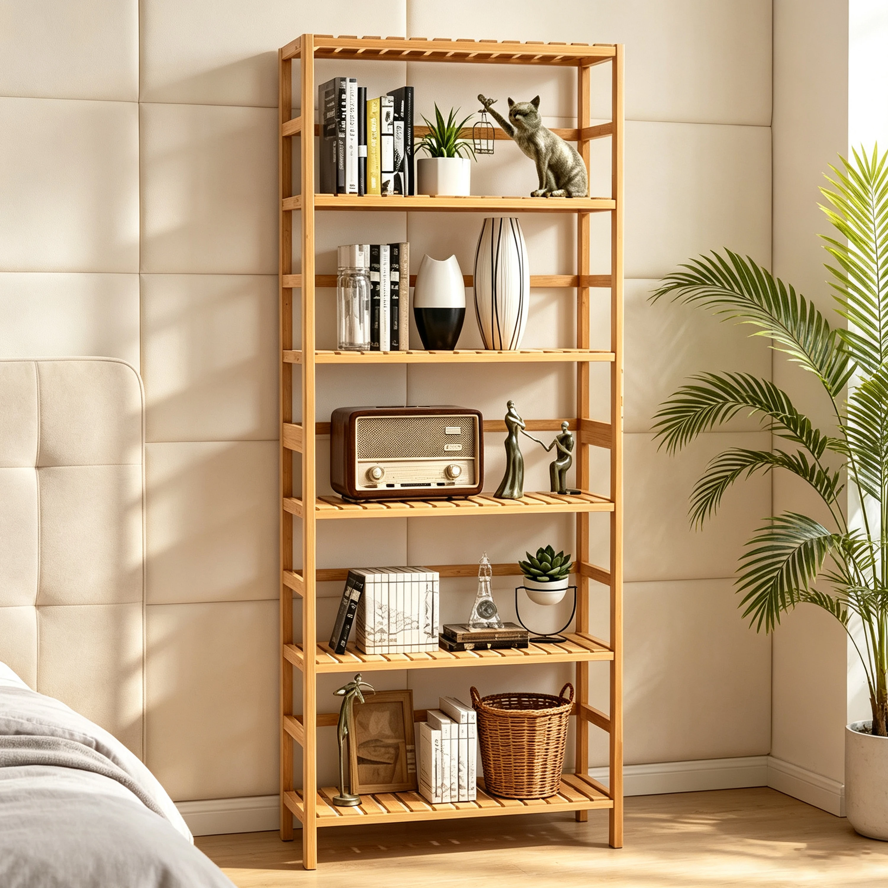 6-Tier Bamboo Storage Shelves Adjustable Bookcase with Multipurpose Display for Bathroom or Living Room