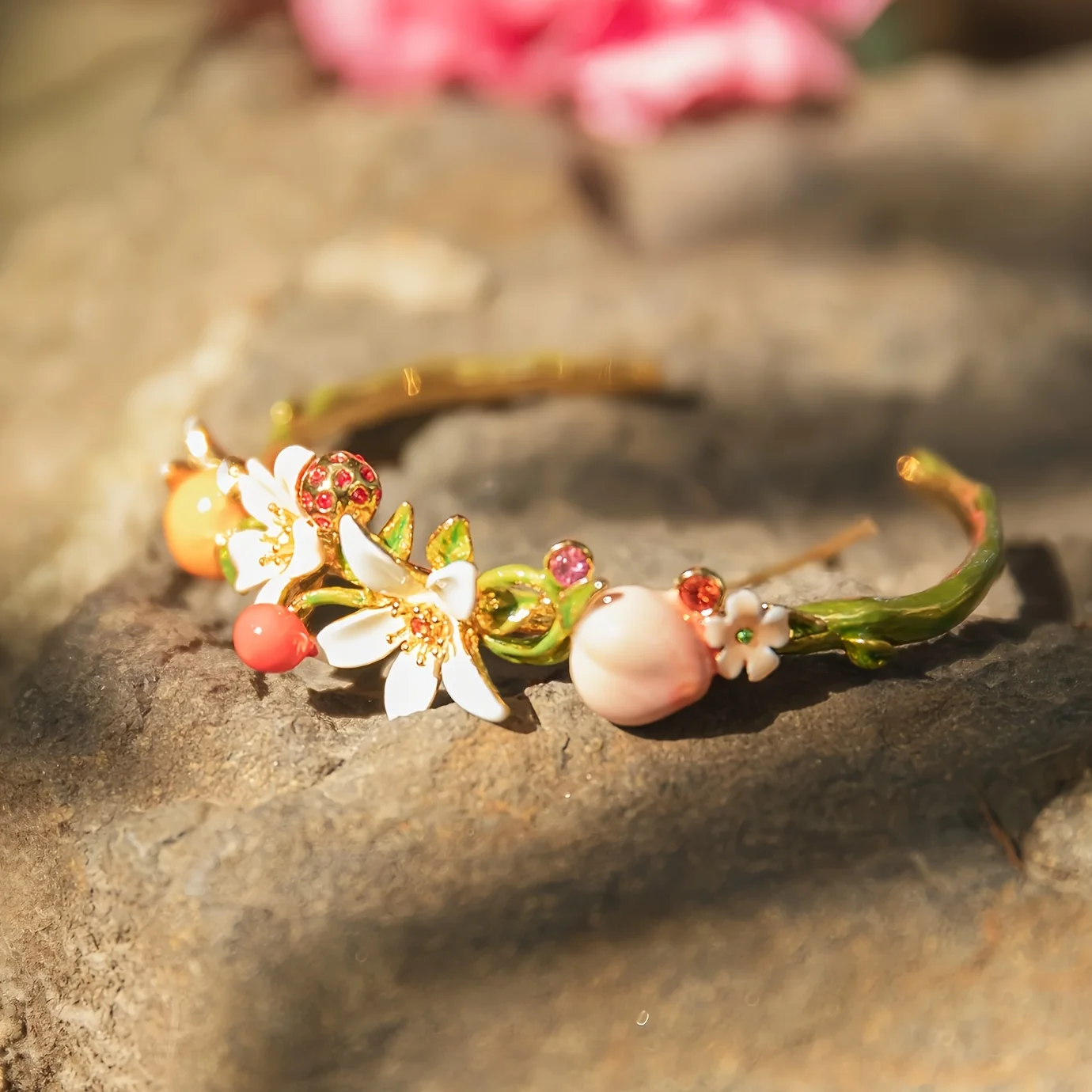 Elegant Strawberry Flower Enamel Bracelet
