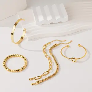 Stainless Steel 14K Gold Plated Non-Tarnish Trendy Chunky Bangle Rope Chain Beaded Stackable Bracelets for Women Jewelry Gift