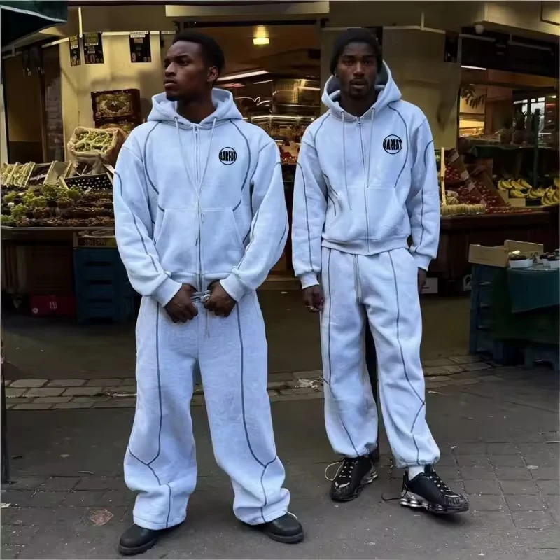 Custom Boxy Fit Gray Flared Stacked Baggy Oversized French Terry Cotton Sweatsuit Printed Sweatpants and Hoodie Set for Men