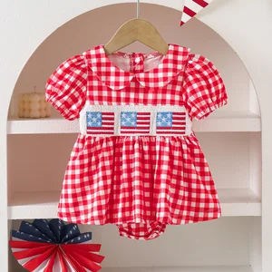 Custom Baby Clothes Shirred Smocked Baby Clothing July 4th Toddler  Girl Short Sleeve Casual Baby Rompers